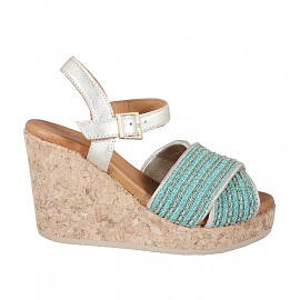 Women's sandal in laminated platinum leather and turquoise fabric with small inserts in platinum and beads, wedge heel 9 - Available sizes:  32, 33, 34, 35