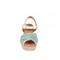 Women's sandal in laminated platinum leather and turquoise fabric with small inserts in platinum and beads, wedge heel 9 - Available sizes:  33, 34, 35
