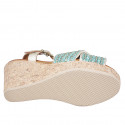 Women's sandal in laminated platinum leather and turquoise fabric with small inserts in platinum and beads, wedge heel 9 - Available sizes:  33, 34, 35