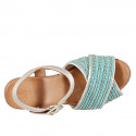 Sandales pour femmes en cuir lamé platine et tissu turquoise avec petits inserts et perles platine, talon compensé 9 - Pointures disponibles:  33, 34, 35