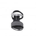 Women's sandal with ankle strap in dark grey laminated leather and grey fabric with silver inserts, heel 6 - Available sizes:  32, 35, 42, 43, 44, 45, 46
