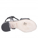Sandalias para mujer con cinturón al tobillo en piel laminada color gris acero y tejido gris con insertos plateados, tacón 6 - Tallas disponibles:  32, 35, 42, 43, 44, 45, 46