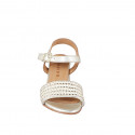 Women's sandal with ankle strap in laminated platinum leather and white fabric with paltinum inserts, heel 6 - Available sizes:  32, 42, 43, 44, 45, 46