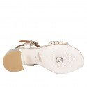 Women's sandal with ankle strap in laminated platinum leather and white fabric with paltinum inserts, heel 6 - Available sizes:  32, 42, 43, 44, 45, 46