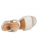 Women's sandal with ankle strap in laminated platinum leather and white fabric with paltinum inserts, heel 6 - Available sizes:  32, 42, 43, 44, 45, 46