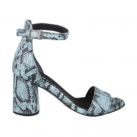 Ouvertes chaussures pour femmes avec courroie à la cheville et simple bande frontale en cuir imprimé bleu clair, talon 7 - Pointures disponibles:  33, 34, 35, 42, 43, 44, 45, 46
