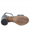 Woman's open shoe with ankle strap and single front strap in printed light blue leather and heel 7 - Available sizes:  33, 34, 35, 42, 43, 44, 45, 46