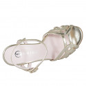 Elegant woman's sandal with ankle strap and straps with cage design in laminated platinum leather, heel 9 - Available sizes:  32, 33, 34, 35, 42, 43, 44, 45