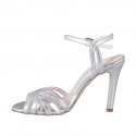 Sandalias elegantes para mujer con cinturón al tobillo y diseño de tiras a jaula en piel laminada plateada, tacón 9 - Tallas disponibles:  32, 33, 34, 42, 43, 44, 45
