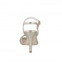 Elegant woman's sandal with ankle strap and 3 crossed bands design in laminated platinum leather, heel 9 - Available sizes:  33, 34, 42, 43, 44, 45