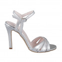 Elegant woman's sandal with ankle strap and 3 crossed bands design in laminated silver leather, heel 9 - Available sizes:  32, 33, 34, 35, 42, 43, 44, 45