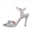 Elegant woman's sandal with ankle strap and 3 crossed bands design in laminated silver leather, heel 9 - Available sizes:  32, 33, 34, 35, 42, 43, 44, 45