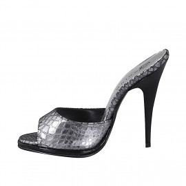 Women’s open-toe platform mules in silver laminated printed leather, heel 11 - Available sizes:  32, 33, 34, 35, 42, 43, 44, 45, 46, 47 2