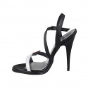 Women’s platform sandal with ankle strap in black leather with red and white leather decoration, heel 11 - Available sizes:  32, 33, 34, 35, 42, 43, 44, 45, 46, 47
