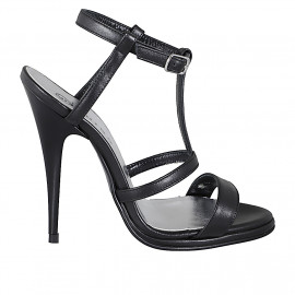 Women’s platform sandal with T-strap in black leather and heel 11 - Available sizes:  32, 33, 34, 35, 42, 43, 44, 45, 46