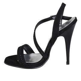Sandalia de plataforma en piel negra con correa diagonal y banda con pedrería negra tacon 11 - Tallas disponibles:  32, 33, 34, 35, 42, 43, 44, 45, 46, 47 2