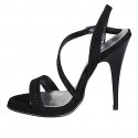 Sandalia de plataforma en piel negra con correa diagonal y banda con pedrería negra tacon 11 - Tallas disponibles:  32, 33, 34, 35, 42, 43, 44, 45, 46, 47