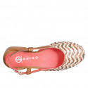 Slingback pour femmes avec bout arrondi en cuir cognac et tissu raphia multicolore à motif zigzag horizontal, talon 2 - Pointures disponibles:  33, 42, 43, 45, 46