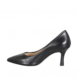Zapato de salón para mujer en piel negra con punta, plantilla de espuma viscoelástica y tacón carrete de 7 - Tallas disponibles:  32, 33, 34, 42, 43, 44, 45, 46 2