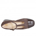Woman's dark brown suede Mary Jane pump with a T-strap, square toe and patent leather toe cap heel 3 - Available sizes:  32, 43, 44, 45
