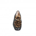 Woman's loafer in black leather with a gold-tone metal detail, leopard-print calf hair heel 5 - Available sizes:  33, 34, 35, 42, 43, 44, 45, 46