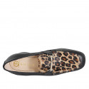 Woman's loafer in black leather with a gold-tone metal detail, leopard-print calf hair heel 5 - Available sizes:  33, 34, 35, 42, 43, 44, 45, 46
