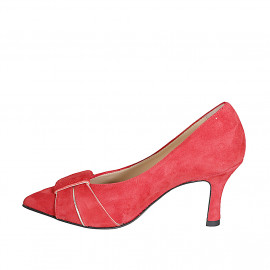 Escarpin pour femmes à bout pointu avec bride décorative, finitions en cuir platine et daim rouge talon 7 - Pointures disponibles:  32, 33, 34, 42, 43, 44, 45 2