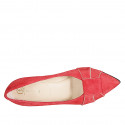 Woman’s pointy pump with a decorative strap, platinum leather trims, and red suede with heel 7 - Available sizes:  34, 42, 43, 44, 45, 46