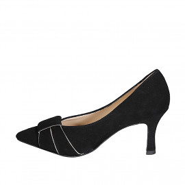 Zapatos de salón a punta para mujer en gamuza negra, detalles en piel platino y tacón 7 - Tallas disponibles:  32, 33, 34, 42, 43, 44, 45 2