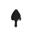 Woman’s pointy pump with a decorative strap, platinum leather trims, and black suede with heel 7 - Available sizes:  32, 33, 34, 45, 46