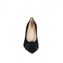 Woman’s pointy pump with a decorative strap, platinum leather trims, and black suede with heel 7 - Available sizes:  32, 33, 34, 45, 46