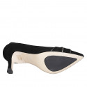 Woman’s pointy pump with a decorative strap, platinum leather trims, and black suede with heel 7 - Available sizes:  32, 33, 34, 45, 46