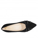 Woman’s pointy pump with a decorative strap, platinum leather trims, and black suede with heel 7 - Available sizes:  32, 33, 34, 45, 46