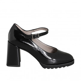Escarpin Mary Jane pour femmes à bout rond en cuir verni noir talon large 7 - Pointures disponibles:  32, 33, 34, 35, 42, 43, 44, 45, 46