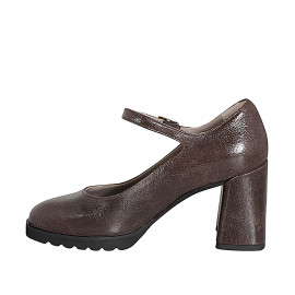 Escarpin Mary Jane pour femmes à bout rond en cuir verni marron foncé talon large 7 - Pointures disponibles:  32, 33, 34, 35, 42, 43, 44, 45, 46 2
