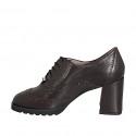 Woman's Oxford lace-up shoe with round-toe and brogue in dark brown leather heel 7 - Available sizes:  32, 33, 34, 42, 43, 44, 45, 46