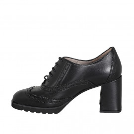 Chaussure Oxford à lacets pour femmes en cuir noir avec bout rond, motif brogue talon 7 - Pointures disponibles:  32, 33, 34, 42, 45, 46 2