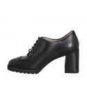 Woman's Oxford lace-up shoe with round-toe and brogue in black leather heel 7 - Available sizes:  32, 33, 34, 42, 45, 46