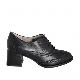 Chaussure Oxford à lacets pour femmes en cuir noir avec bout rond, motif brogue talon 5 - Pointures disponibles:  32, 33, 34, 43, 44, 46