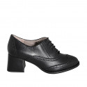 Zapatos Oxford de cordones para mujer en piel negra con puntera redonda, detalle brogue y tacón 5 - Tallas disponibles:  32, 33, 34, 43, 44, 46