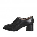 Woman's Oxford lace-up shoe with round-toe and brogue in black leather heel 5 - Available sizes:  32, 33, 34, 43, 44, 46