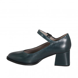 Zapatos de salón Mary Jane para mujer en piel verde, con puntera redonda y tacón ancho 5 - Tallas disponibles:  32, 33, 34, 42, 43, 44, 45, 46 2