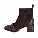 Woman's round-toe ankle boot with zip, patent leather trim and button detail, in dark brown suede and patent leather heel 5 - Available sizes:  32, 33, 34, 35, 42, 43, 44, 45, 46