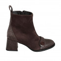 Woman's round-toe ankle boot with zip, patent leather trim and button detail, in dark brown suede and patent leather heel 5 - Available sizes:  32, 33, 34, 35, 42, 43, 44, 45, 46