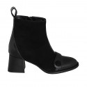 Botines para mujer con puntera redonda, cierre de cremallera, detalle en piel y botón, en gamuza y piel negra tacon 5 - Tallas disponibles:  32, 33, 34, 35, 42, 43, 44, 45, 46