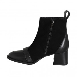Stivaletto da donna a punta tonda con cerniera, accessorio di pelle e bottone in camoscio e pelle nera tacco 5 - Misure disponibili: 32, 33, 34, 35, 42, 43, 44, 45, 46 2