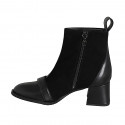 Stivaletto da donna a punta tonda con cerniera, accessorio di pelle e bottone in camoscio e pelle nera tacco 5 - Misure disponibili: 32, 33, 34, 35, 42, 43, 44, 45, 46
