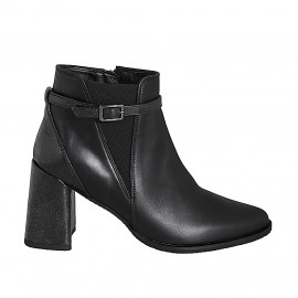 Botines para mujer con punta con cierre de cremallera, elástico y correa en piel y charol negro tacon 7 - Tallas disponibles:  32, 33, 34, 42, 43, 44, 45, 46