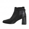 Woman's pointed-toe ankle boot with zip, elastic and strap in black leather and patent leather heel 7 - Available sizes:  32, 33, 34, 42, 43, 44, 45, 46