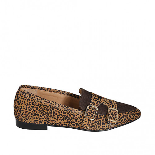 Woman's pointed-toe loafer in spotted and dark brown suede with buckles heel 1 - Available sizes:  33, 34, 42, 43, 44, 45, 46